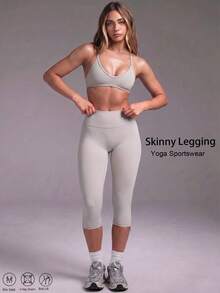 Women's Casual Sport Capris, High Waist Solid Color Athleisure Basic Skinny Activewear Legging Pants, For Yoga, Running, Training, Outdoor Sports - Beige - View 1