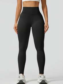 Women's High Waist Seamless Black Leggings, Booty Lift Tummy Control Versatile For Yoga Pilates Gym Workout, Sportswear - Black - View 2