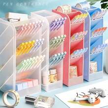 1pc Multifunctional Desktop Pen Holder With Transparent Drawer Multi Compartment Stationery Storage Organizer For Office School Cosmetic Supplies - View 9