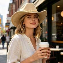 Retro Cowgirl Hat For Women Men Faux Suede Wide Brim Western Cap - Light Brown - View 3
