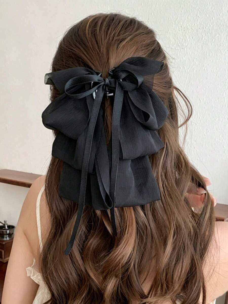 1 buah Jepit Rambut Pita Berlapis-lapis Vintage Hitam, Jepit Rambut Pita Panjang, Jepit Rambut Setengah Terangkat untuk Bagian Belakang Kepala, Aksesori Rambut Elegan Serbaguna untuk Pemakaian Sehari-hari dan Kencan