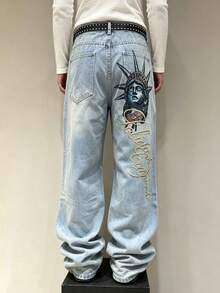 Rends Men's Vintage Streetwear Fashion Style Multi-Purpose Distressed Rivet Design Statue Of Liberty Letter Print Loose Fit Jumpsuit Casual Wear - Light Wash - View 3