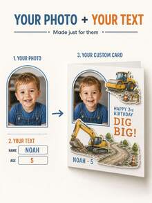 Customized Photo & Text Construction Birthday Card, Includes Child's Photo, Name And Age, Excavator & Construction Site Theme, Suitable For Construction Themed Birthday Party, Special Commemorative Gift For Boys - Multi-color - View 5