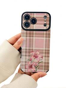 1pc New Fashion Plaid Lily Pattern Shockproof Large Window Vertical Texture Faux Leather Soft Phone Case, Daily Protection Essential, Style, Perfect Gift For Friends, Family And More, For IPhone18/18PRO/18PROMAX/17/17Air/17Pro/17ProMax/IPhone16/16Plus/16Pro/16ProMax/IPhone15/14/13/12/11series - Multicolor - View 1