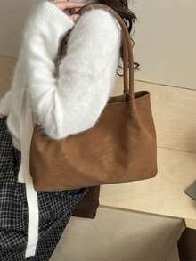 Tas Tote Bahu Lembut Wanita, Tas Hobo Terbuka, Warna Polos Kapasitas Besar, Gaya Minimalis Netral, Cocok Untuk Perjalanan dan Komuter Sehari-hari Wanita, Sepanjang Musim - Coklat - View 3