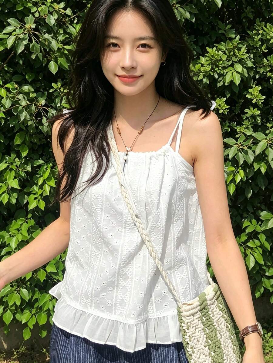 YCYC Atasan Tank Camisole Longgar Bergaya Korea dengan Bordir Bunga dan Hiasan Ruffle untuk Wanita Musim Panas - Putih - View 1
