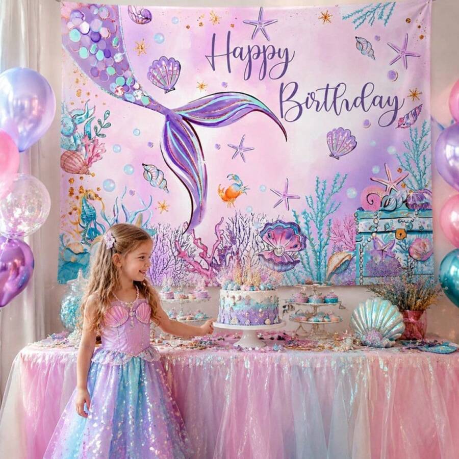 Mermaid Theme Birthday Party Backdrop, Multiple Sizes Available, Polyester Material, Princess Girl Theme Decoration, Suitable For Girls Celebration Events And Photo Booth Party Decor - Mermaid - View 1