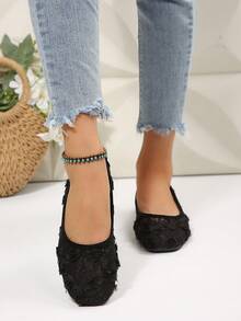 Minimalist Women's Hollow Lace Ballet Flats, Square Toe Breathable Daily Commute Flat Shoes - Black - View 3