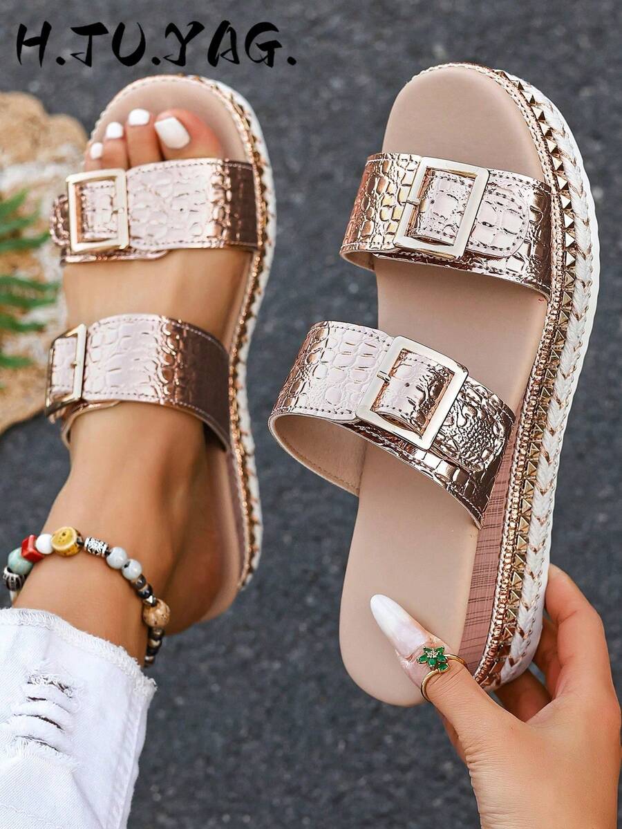 Rose Gold Crocodile Pattern Women's Platform Wedge Sandals, Double Strap, Metal Buckle Chunky Sole Slides, Suitable For Summer Casual, Vacation, Beach Wear