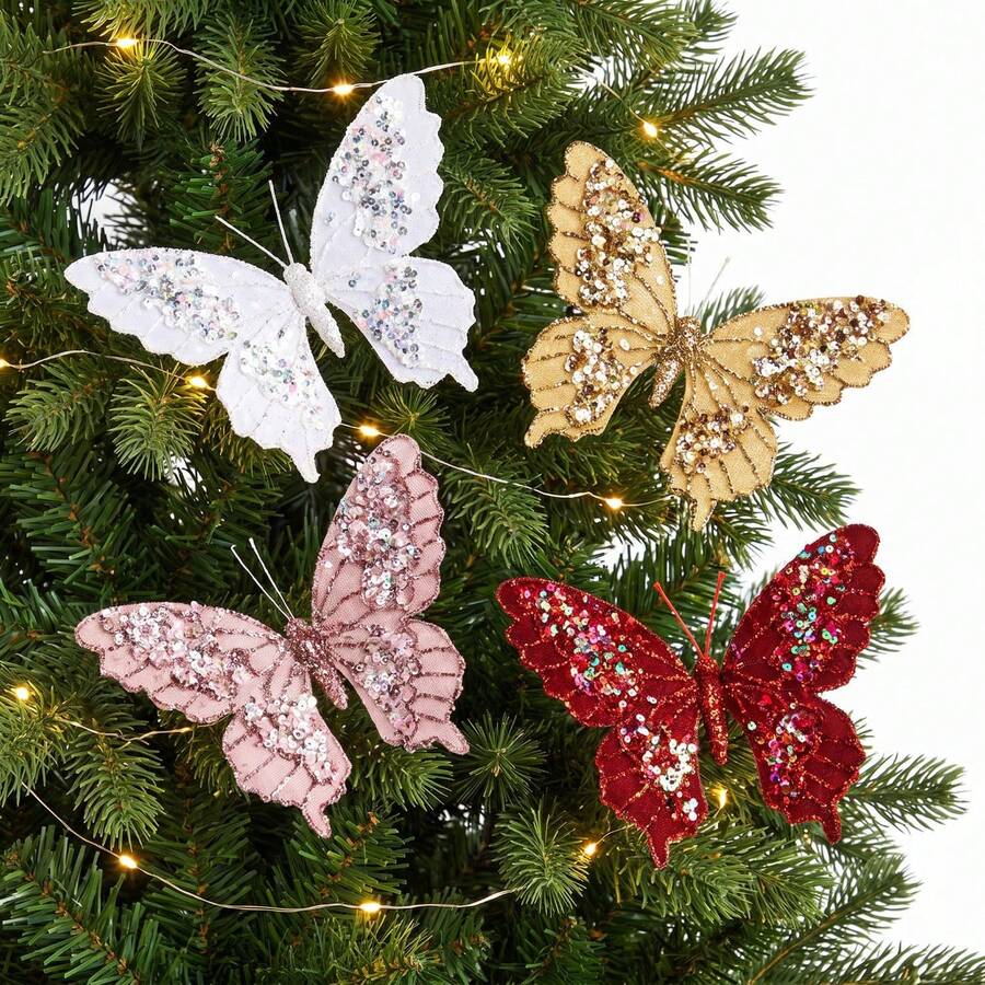 1PC Christmas Pearl Sparkling Butterfly Simulation Butterfly DIY Christmas Tree Wreath Pendant Christmas Gift Festival Party Home Decoration - Butterfly - View 1