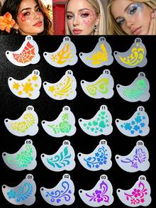 20PCS Temporary Tattoo Stencils, Floral Heart Pattern Reusable Flash Card Templates, DIY Hollow Face Eye Corner Graffiti Stencils, Adult Music Festival, Body Art Stencils - White - View 1