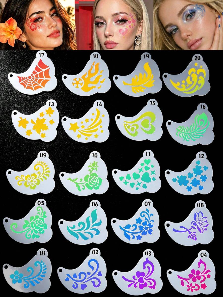 20PCS Temporary Tattoo Stencils, Floral Heart Pattern Reusable Flash Card Templates, DIY Hollow Face Eye Corner Graffiti Stencils, Adult Music Festival, Body Art Stencils - White - View 1