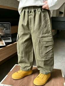 Boys' Toddler Autumn Loose Fit Washed Workwear Cotton Long Pants With Large Pockets, Suitable For Daily, Home And Outdoor Wear - Olive Green - View 3