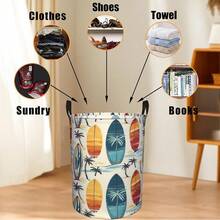 1pc Vintage Surfboard & Palm Tree Print Collapsible Laundry Basket With Handle, Tropical Beach Style Dirty Clothes Storage Bin, Suitable For Bedroom, Bathroom And Summer Home Decor - Multicolor - View 7