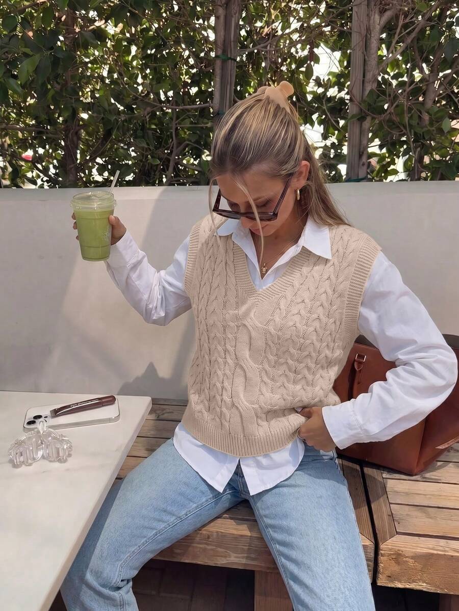 NZZOF Casual Versatile Solid Color V-Neck Knit Vest - Apricot - View 1