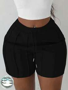 Women's Fashion Solid Color Drawstring Shorts, Casual Elastic Waist Slanted Pocket Shorts, Folded Design Sports Black Summer Style, Polyester Material, Knitted Thin - Black - View 2