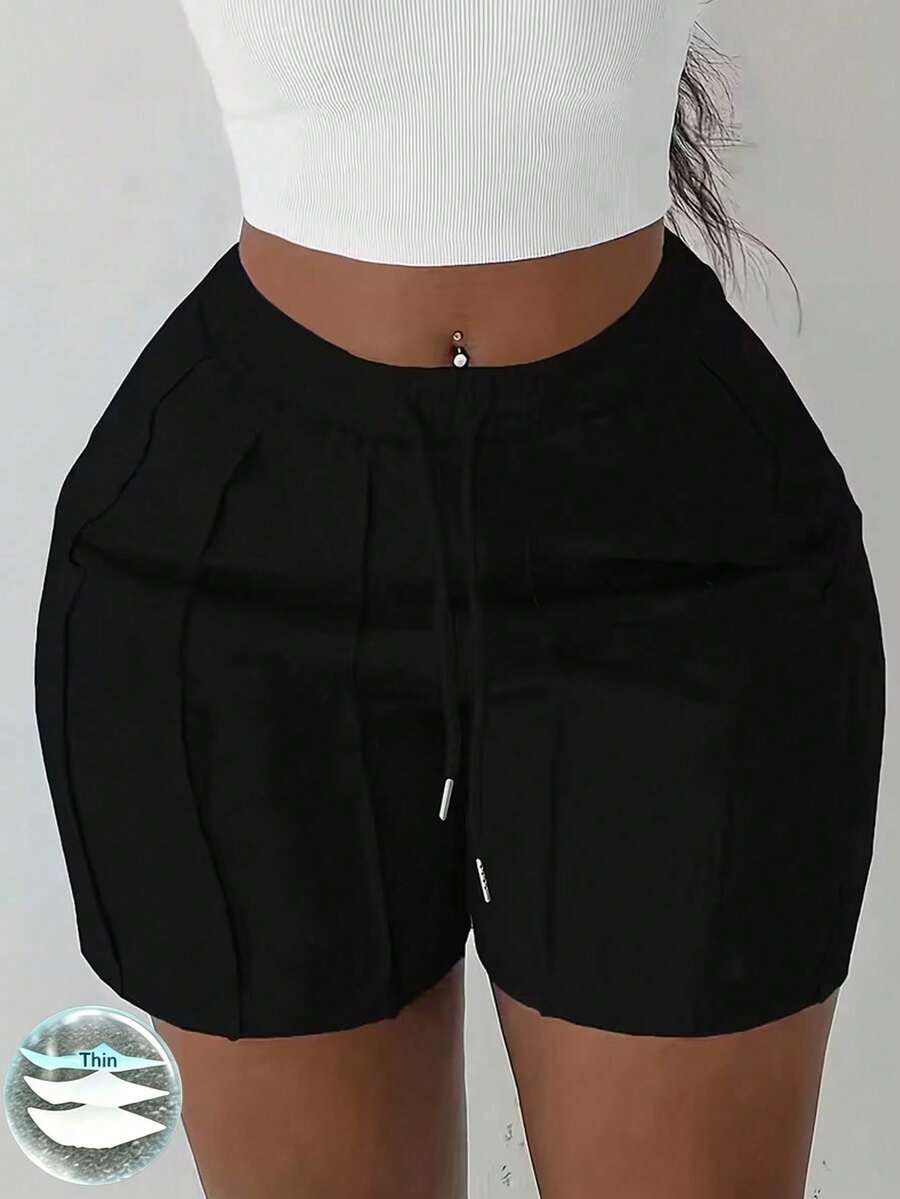 Women's Fashion Solid Color Drawstring Shorts, Casual Elastic Waist Slanted Pocket Shorts, Folded Design Sports Black Summer Style, Polyester Material, Knitted Thin