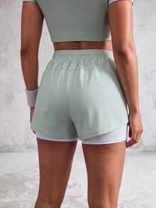 1 pieza Pantalones cortos de mujer, 2 en 1 de unicolor con forro, pantalones deportivos 2 en 1, cintura elástica conjunto de 2 piezas, adecuado para correr, deportes, yoga, fitness en verano - verde menta - Ver 4