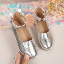 2026 Newest Girls' Shoes, Princess Style Silver Cracked Pattern Glitter Flat Shoes, Comfortable And Breathable, Suitable For School, Party, Outdoor, Wedding - Silver - View 3