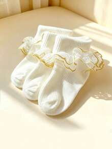 3 Pairs Girls White & Gold Lace Socks, Elegant Sweet Princess Style, Children's Dance Socks, Daily Matching With Dresses - White - View 3