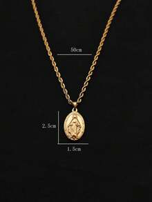 1pc Minimalist Personalized French Vintage Stainless Steel 18K Gold Plated Oval Portrait Virgin Mary & Jesus Pendant Twisted Chain Necklace - Multicolor - View 4