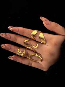 4pcs Stainless Steel Gold Fashionable Personalized Minimalist Casual Geometric Asymmetrical Line Ring Set, Suitable For Women's Daily, Holiday, Shopping, Gathering Wear - Multicolor - View 7