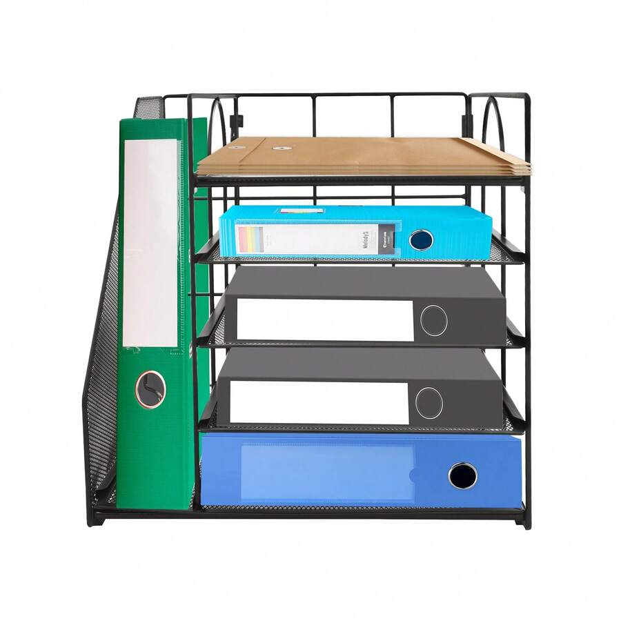 5‑Tier Desktop File Organizer, Tabletop Mesh File Holder, SPCC Metal Document Storage Rack With Side Vertical Compartment For Office Home Study - 32*31*31.5cm - View 1