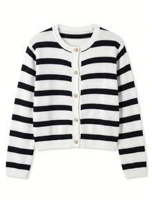 Women's Cardigan, Round Neck, Single-Breasted Button, Long Sleeve, Flared Sleeve, Commute, Minimalist, Contrast Color Striped, Loose, Lazy, Warm, Thick Knit Sweater, Autumn/Winter - White - View 8