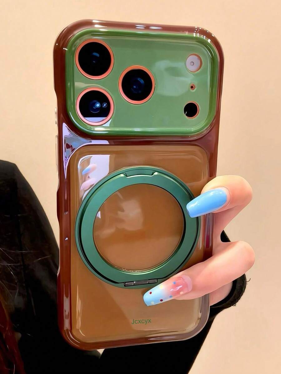Stylish Double Color Glossy IMD Phone Case With Bracket Compatible With IPhone 18ProMax 18Pro 17 ProMax 17Pro 17 16ProMax 16Pro 16 15ProMax 15Pro 15 14 13 Cases Holder Protection Back Cover - Green-brown - View 1