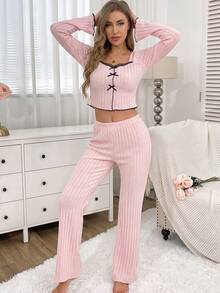 Women's Spring Autumn Winter Ribbed Solid Color Fashion Ruffle Trim Sweet Bow Lace Trim Square Neck Raglan Long Sleeve Casual Dual Pocket Pants Comfortable Loungewear 2-Piece Set - Pink - View 6
