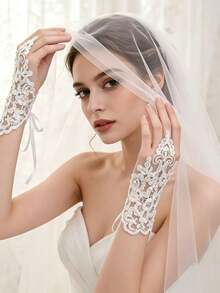1 Pair White Short Rhinestone Lace Fingerless Gloves, Bridal Embroidered Lace Gloves With Ties, Elegant Accessory For Wedding, Banquet, Party, Performance, Birthday, Holiday Events - Multicolor - View 3