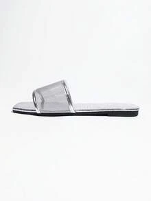 1 Pair Solid Color Fashion Hollow Silver Flat Sandals, Vacation Autumn/Winter Casual Comfortable Slip-On - Silver - View 7