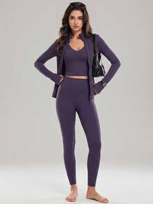 KyrLssu Solid High‑Rise Slim Fit Sports Leggings For Women, Non‑Roll Wide Waistband Full Length Active Pants, Breathable Elastic Workout Trousers - Purple - View 3