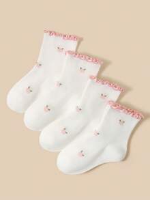 4 Pairs White Socks For Infants/Children/Students, Ruffle Trim Lace Socks, Simple Fashion Versatile All-Season Style, Skin-Friendly Comfortable Soft Breathable Casual Sports Socks, Suitable For Daily Wear/Holiday Gifts/Travel/Back To School/Campus Outfits/Sports Outfits/Classroom/New Semester/School Opening/Student/Back To School Season Outfits - Multicolor - View 3