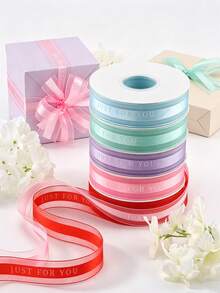 1 Rollo 40 Yardas Cinta de Hilo de Tacto Suave, Cinta de Malla Transparente Estilo Ins, Cinta de Hilo con Impresión Minimalista en Inglés, Cinta de Decoración para Empaquetado de Cajas de Regalo de Pastel Floral, Material para Hacer Lazos DIY - Multicolor - Ver 4