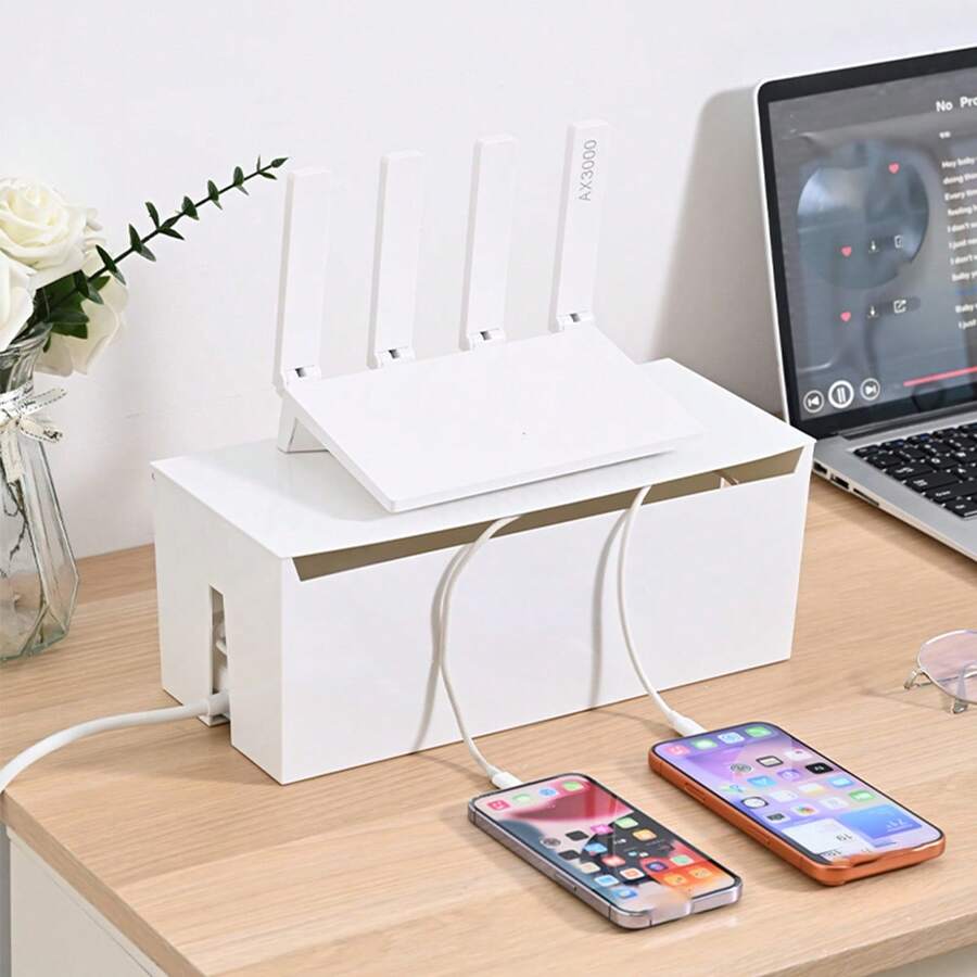 Desktop Cable Management Box, Large And Small Sizes, Power Strip Router Cable Organizer Hidden Storage Box, Home Desk Cable Management Box - White - View 1