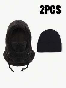 2pcs Winter Fleece Balaclava Set, Warm & Cold-Proof Hooded Scarf Mask With Knitted Beanie, Suitable For Skiing, Cycling And Outdoor Activities - Balaclava + Beanie - View 8