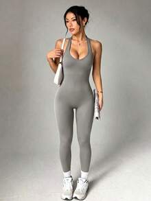Women's Seamless Yoga Jumpsuit - High Elasticity, Tummy Control, Slimming Athletic Jumpsuit, Breathable And Comfortable Summer Sports - Grey - View 4