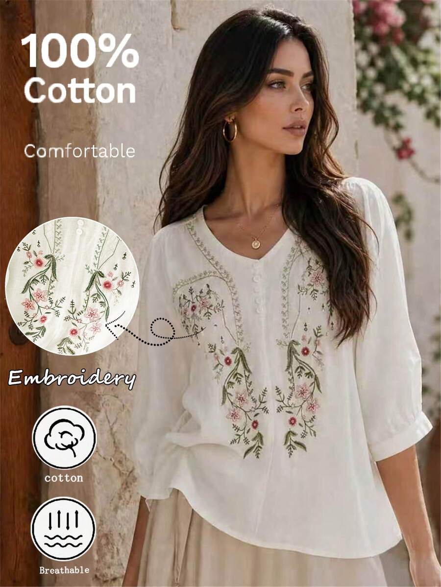 女款春夏秋優雅休閒藝術浪漫上衣，重工刺繡圓領寬鬆波希米亞風襯衫，鄉村風白色穿搭 - 白色 - 查看 1