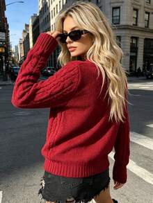 Women's Burgundy Cable Knit Cardigan, Autumn/Winter Bow Crop Top - Burgundy - View 2