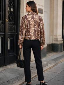Women's Leopard Print Shacket, Lapel Collar Long Sleeve, With Faux Pockets, Regular Length Autumn Layering Top - Mocha Brown - View 6