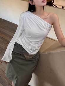 Top Dazzle Fashionable Knitted Asymmetrical Neck Women's Top With Single Long Sleeve & Ruched Detailing - White - View 3