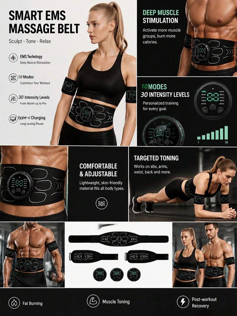 AXH. EMS Muscle Stimulator Abdominal Trainer Abdominal Muscle Shaping Device Electronic Shaping Belt Fitness Massage Equipment Rechargeable - Black - View 1