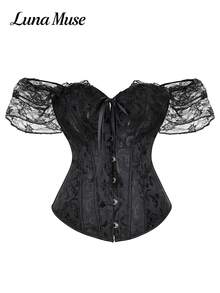 Luna Muse Women's New Off-Shoulder Ruffle Lace Short Sleeve Bustier Top, Palace Style Embossed Jacquard Boned Slimming Corset. Y2K Sexy Vintage Sexy Eye-Catching, Front Tie Tube Waist-Cinching Tight Corset, Gentle Atmosphere High-End Feel, Suitable For Daily, Casual, Party, Vacation, Date, Street, Performance, Show, Outdoor, Back To School, French Vintage Style, Music Festival, Valentine's Day, Halloween, Christmas, New Year, Party Wear. - Black - View 9