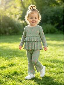 2pcs Baby Girl Fresh Cute Long Sleeve Printed Ribbed Top & Flared Pants Set, Thin Spring/Autumn - Green - View 2