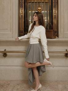 Women Fall Elegant Casual Grey Asymmetrical High Low Skirt For Office Going Out Vacation - Grey - View 2