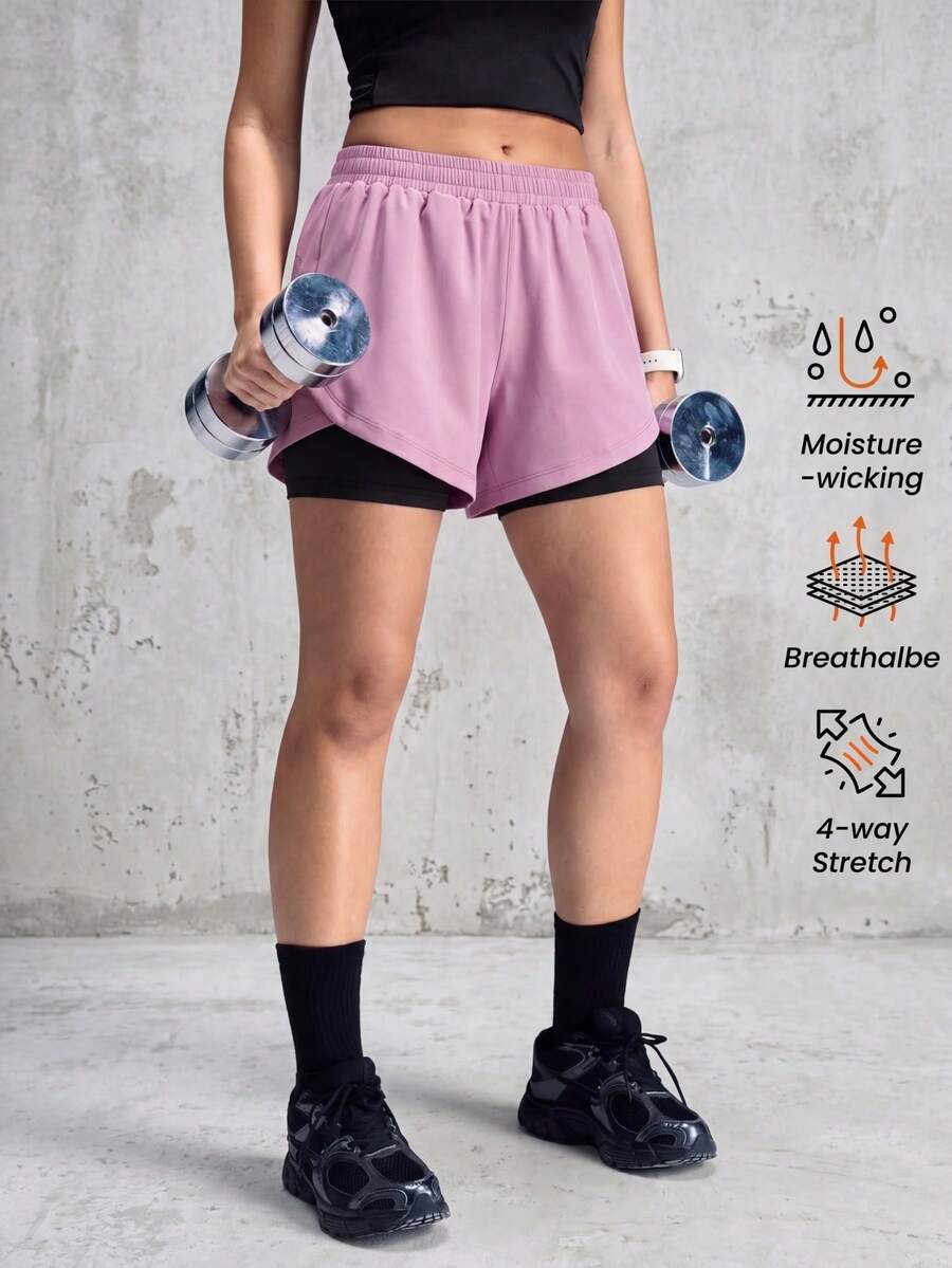1pc Women's Shorts Solid Color Lining 2 In 1 Sports Pants, Elastic Two Pieces, Suitable For Running, Sports, Yoga, Fitness In Summer - Purple - View 1