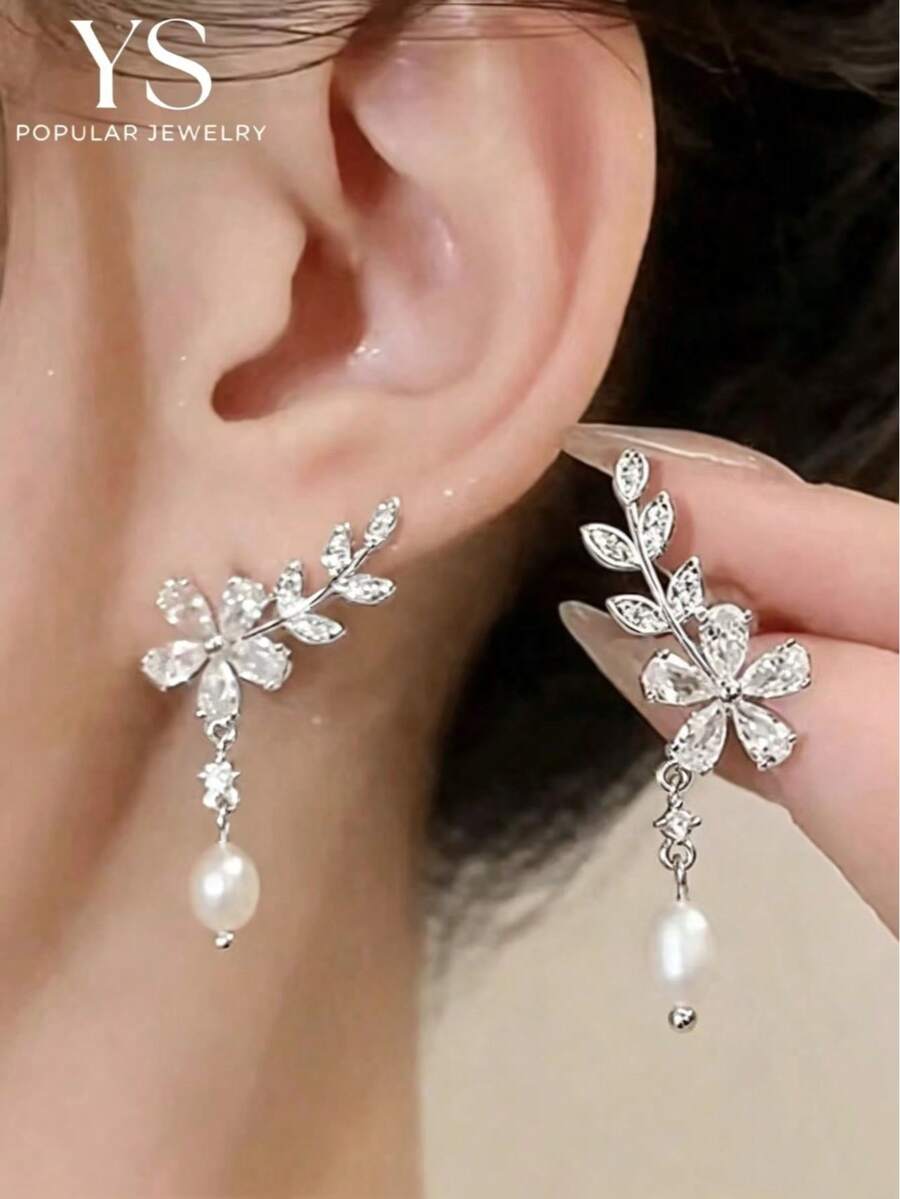 1 Pair Fashion Luxury Women's Personalized Leaf Petal Flower Faux Pearl Dangle Earrings With Rhinestones, High-End Jewelry Accessory
