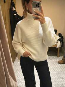 MORI Fall Winter Women Sweaters Elegant Casual Y2K Off White Turtleneck Ribbed Knit Tops Drop Shoulder Loose Pullover Streetwear Outfits - White - View 3