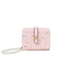 Floral PU Leather Short Wallet, Heart Buckle Card Holder With Pearl Shoulder Strap, Cute Coin Purse With Card Slots - Multicolor - View 14